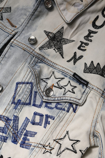 Dolce &amp; Gabbana Hellblaue Jeansjacke mit Graffiti-Knopfleiste