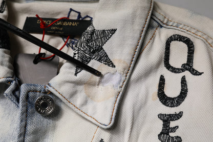 Dolce &amp; Gabbana Hellblaue Jeansjacke mit Graffiti-Knopfleiste