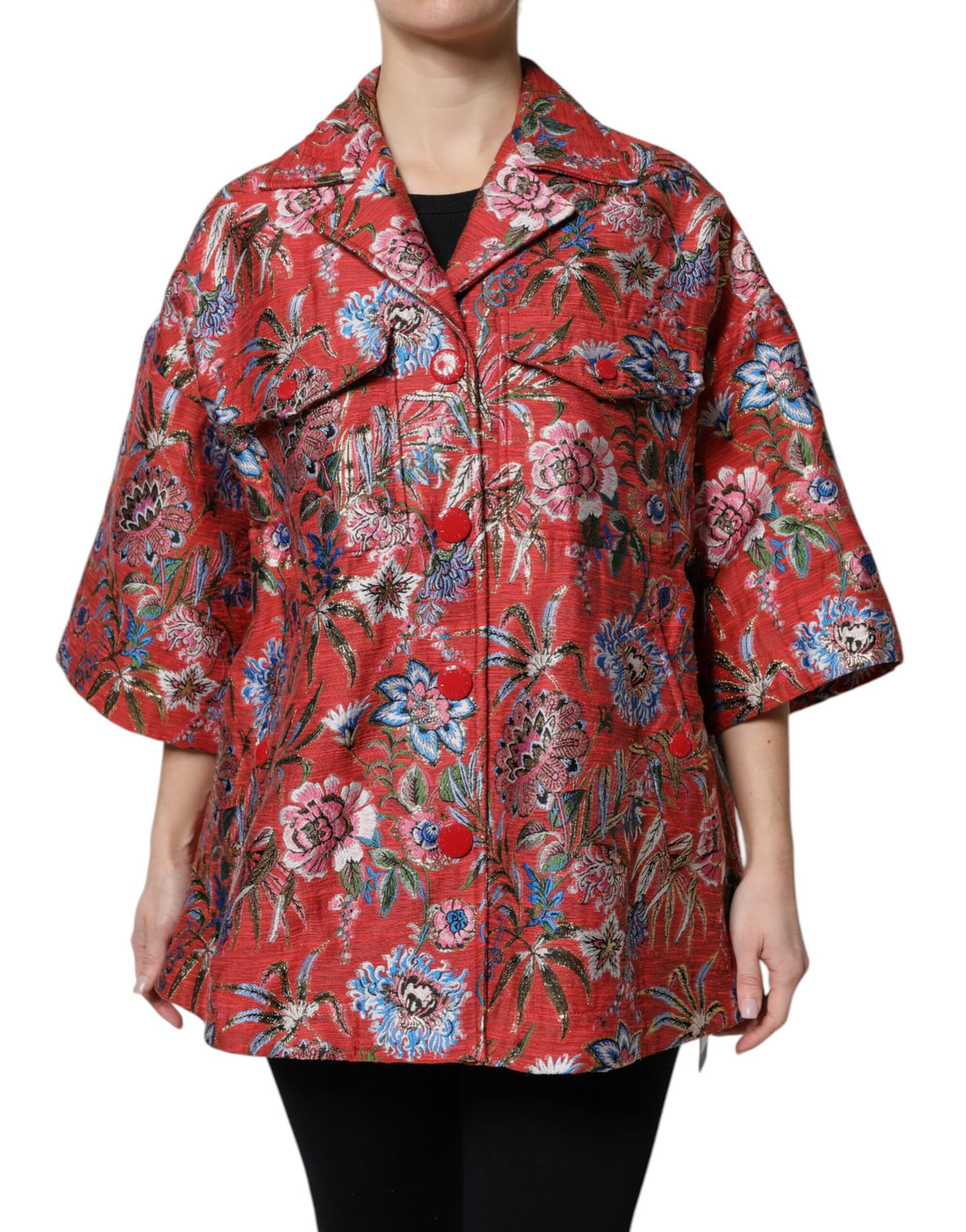 Dolce &amp; Gabbana – Rote Jacquard-Manteljacke mit Knopfleiste und Blumenmuster