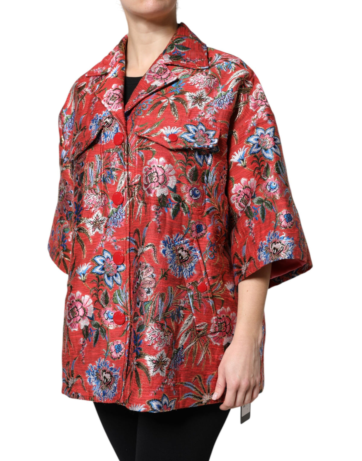 Dolce &amp; Gabbana – Rote Jacquard-Manteljacke mit Knopfleiste und Blumenmuster
