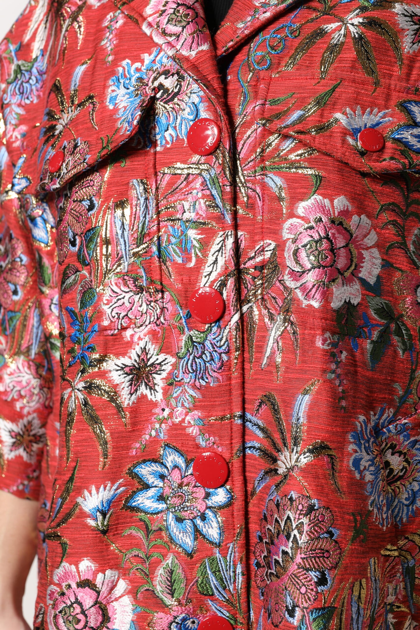 Dolce &amp; Gabbana – Rote Jacquard-Manteljacke mit Knopfleiste und Blumenmuster