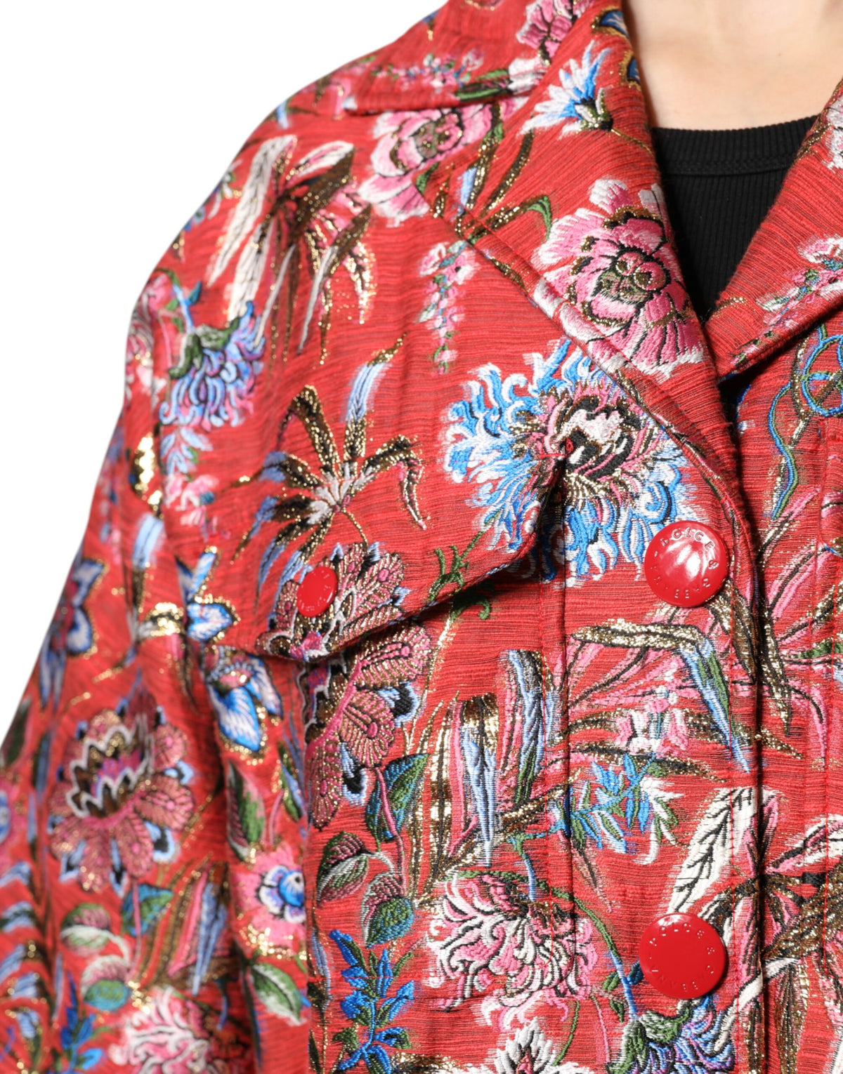 Dolce &amp; Gabbana – Rote Jacquard-Manteljacke mit Knopfleiste und Blumenmuster