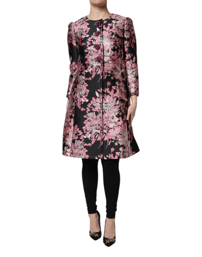 Dolce &amp; Gabbana – Trenchcoatjacke aus Brokat mit Blumenmuster in Rosa und Schwarz