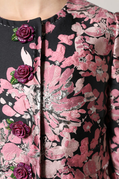Dolce &amp; Gabbana – Trenchcoatjacke aus Brokat mit Blumenmuster in Rosa und Schwarz