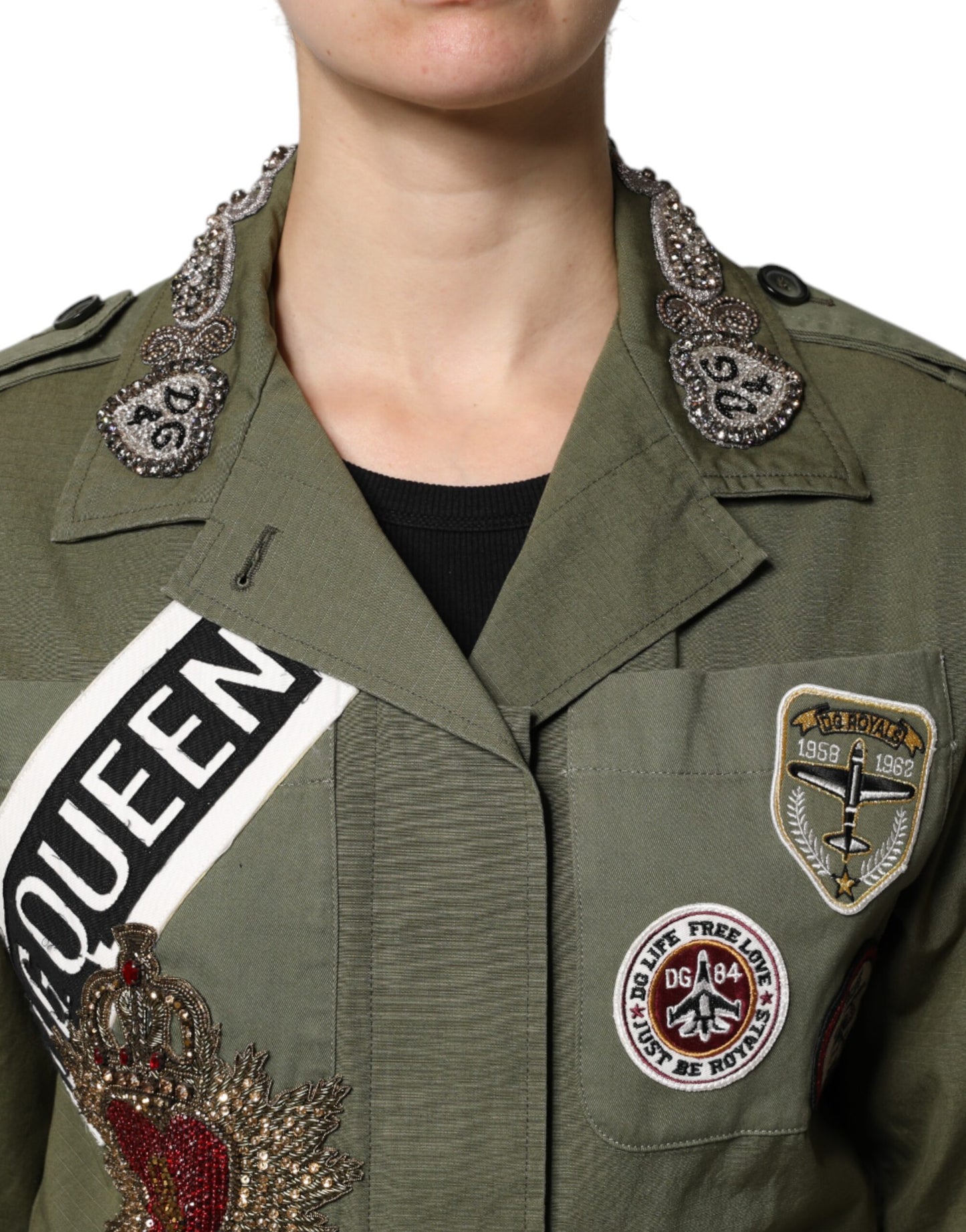Dolce &amp; Gabbana – Militärgrüne, verzierte Manteljacke „Queen“