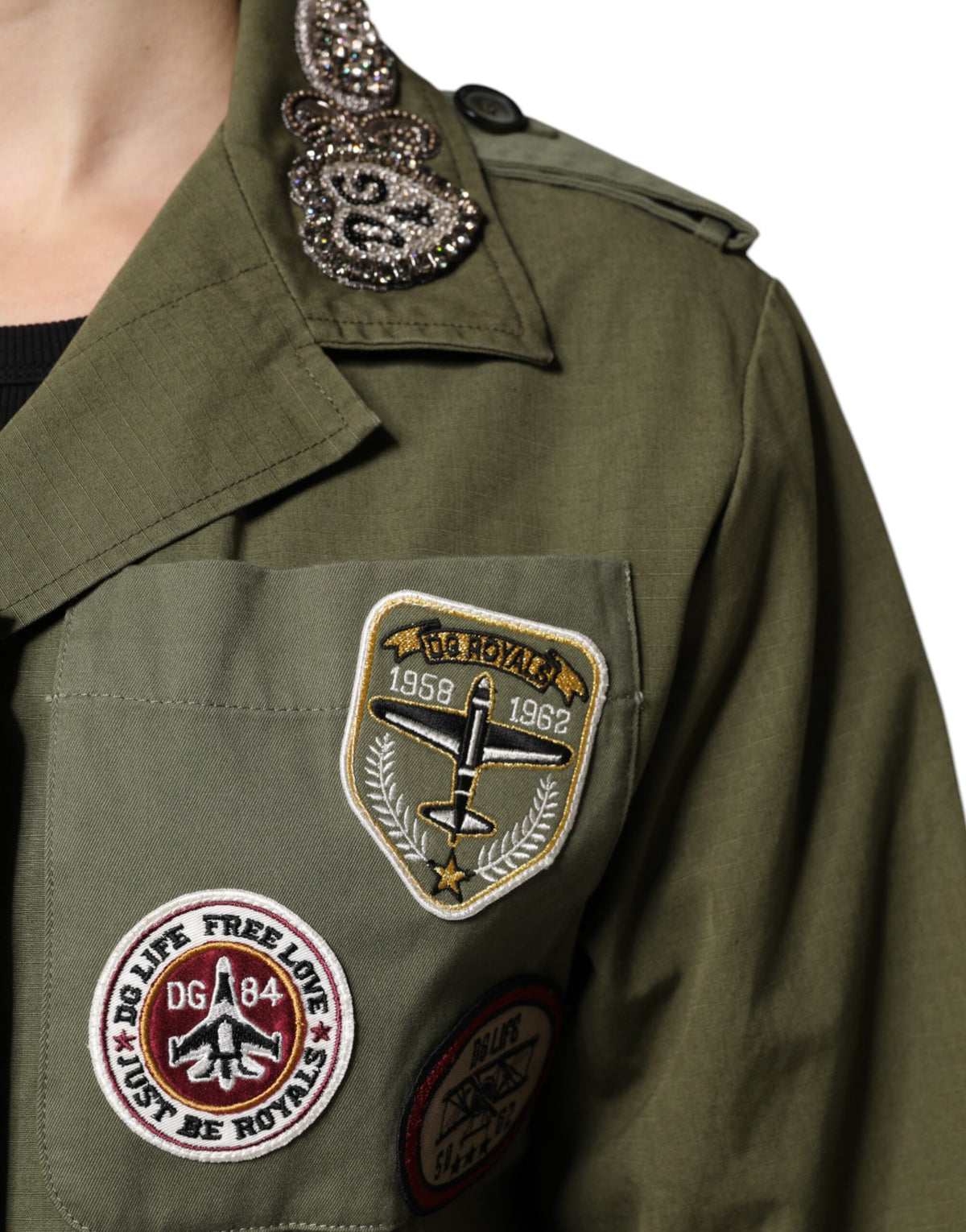 Dolce &amp; Gabbana – Militärgrüne, verzierte Manteljacke „Queen“