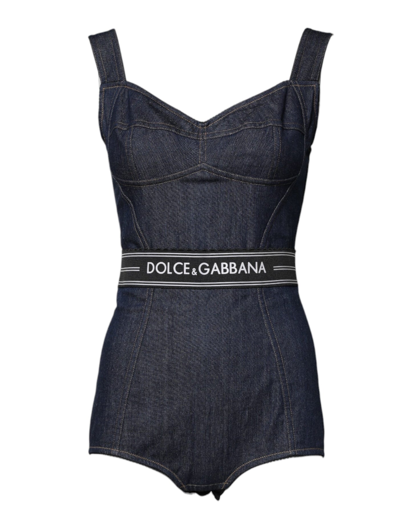 Dolce &amp; Gabbana – Ärmelloser, figurbetonter Denim-Body aus Baumwollstretch in Blau