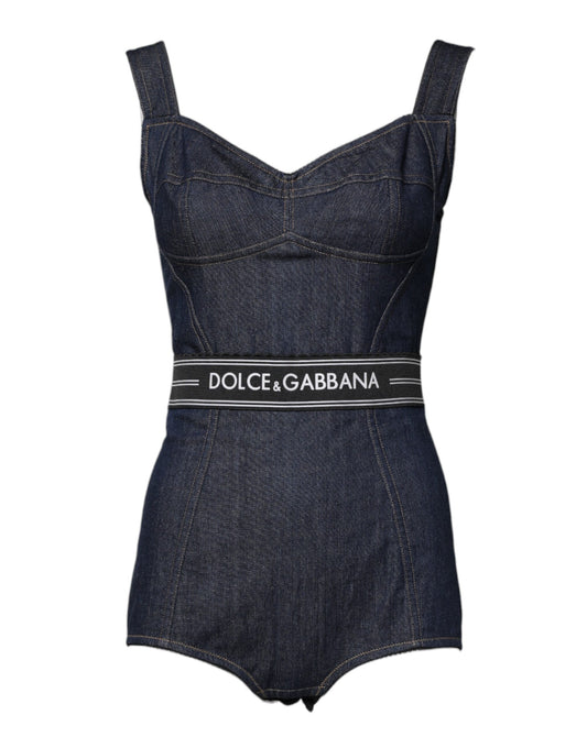 Dolce &amp; Gabbana – Ärmelloser, figurbetonter Denim-Body aus Baumwollstretch in Blau