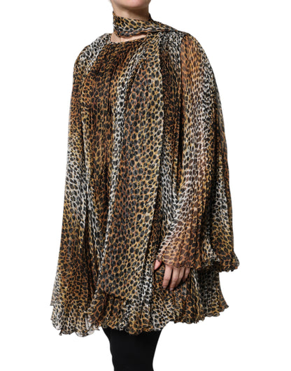 Dolce &amp; Gabbana – Braunes Chiffonkleid mit Schalkragen und Leopardenmuster