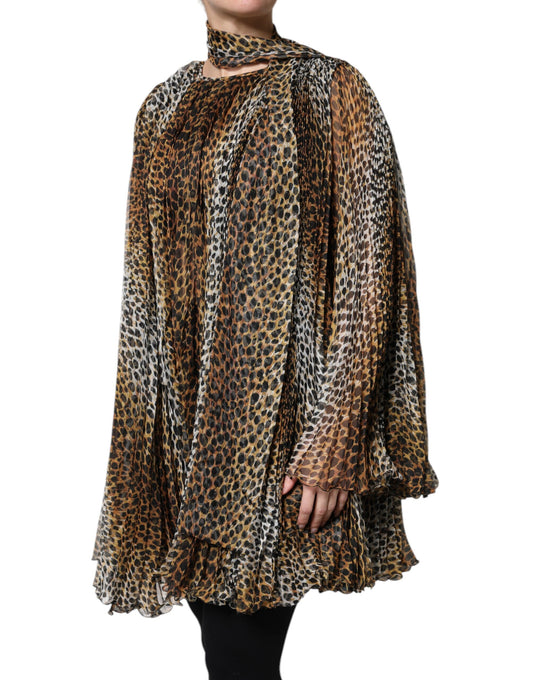 Dolce &amp; Gabbana – Braunes Chiffonkleid mit Schalkragen und Leopardenmuster