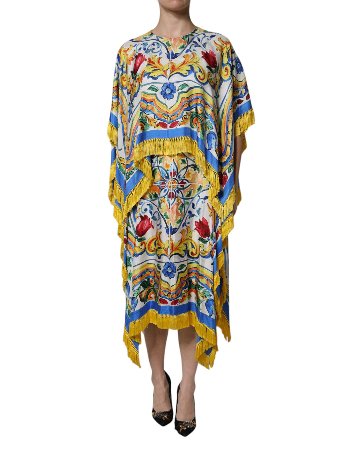 Dolce &amp; Gabbana – Mehrfarbiges Majolika-Kaftan-Maxikleid mit kurzen Ärmeln