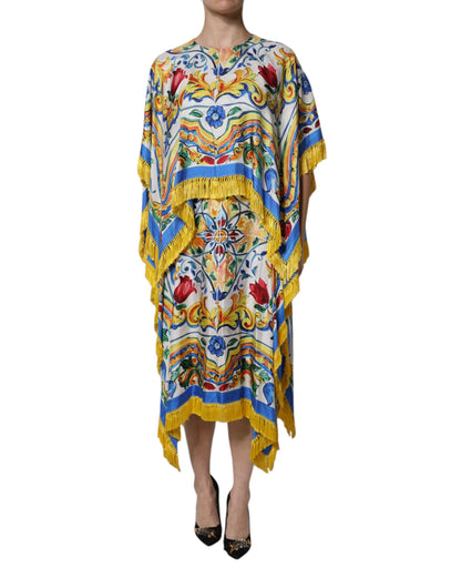 Dolce &amp; Gabbana – Mehrfarbiges Majolika-Kaftan-Maxikleid mit kurzen Ärmeln