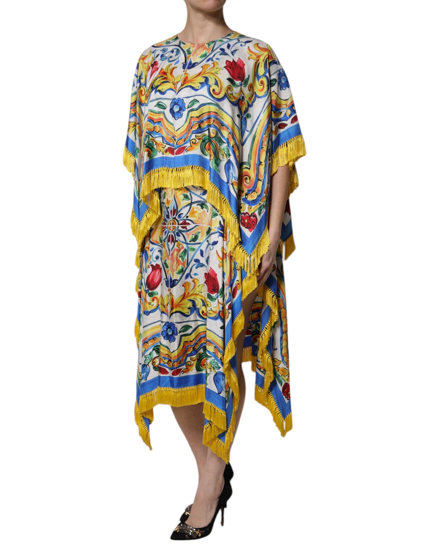 Dolce &amp; Gabbana – Mehrfarbiges Majolika-Kaftan-Maxikleid mit kurzen Ärmeln