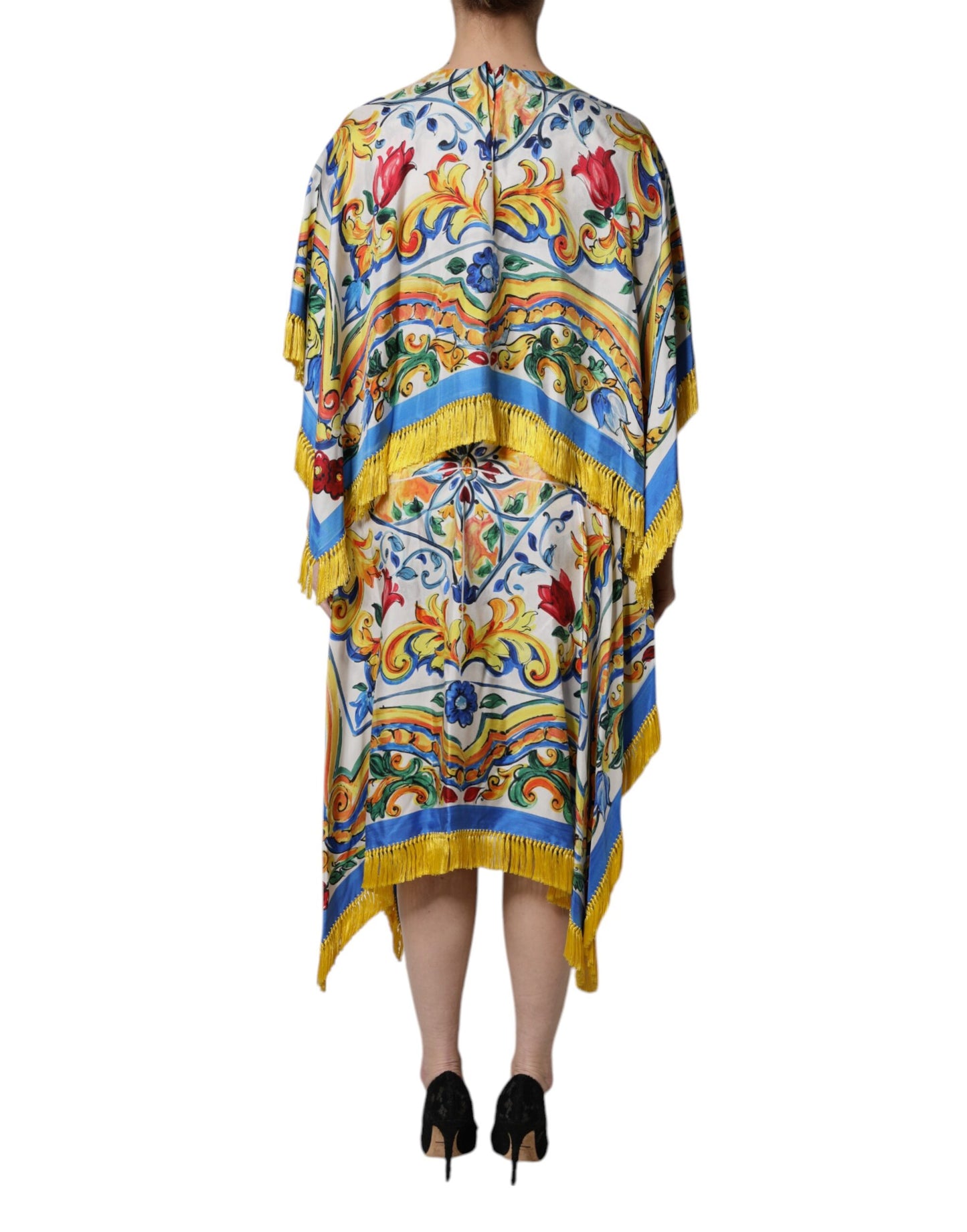 Dolce &amp; Gabbana – Mehrfarbiges Majolika-Kaftan-Maxikleid mit kurzen Ärmeln