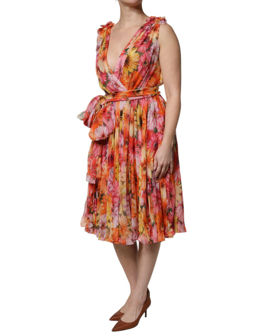Dolce &amp; Gabbana Mehrfarbiges Chiffonkleid aus Seide mit V-Ausschnitt und Blumenmuster
