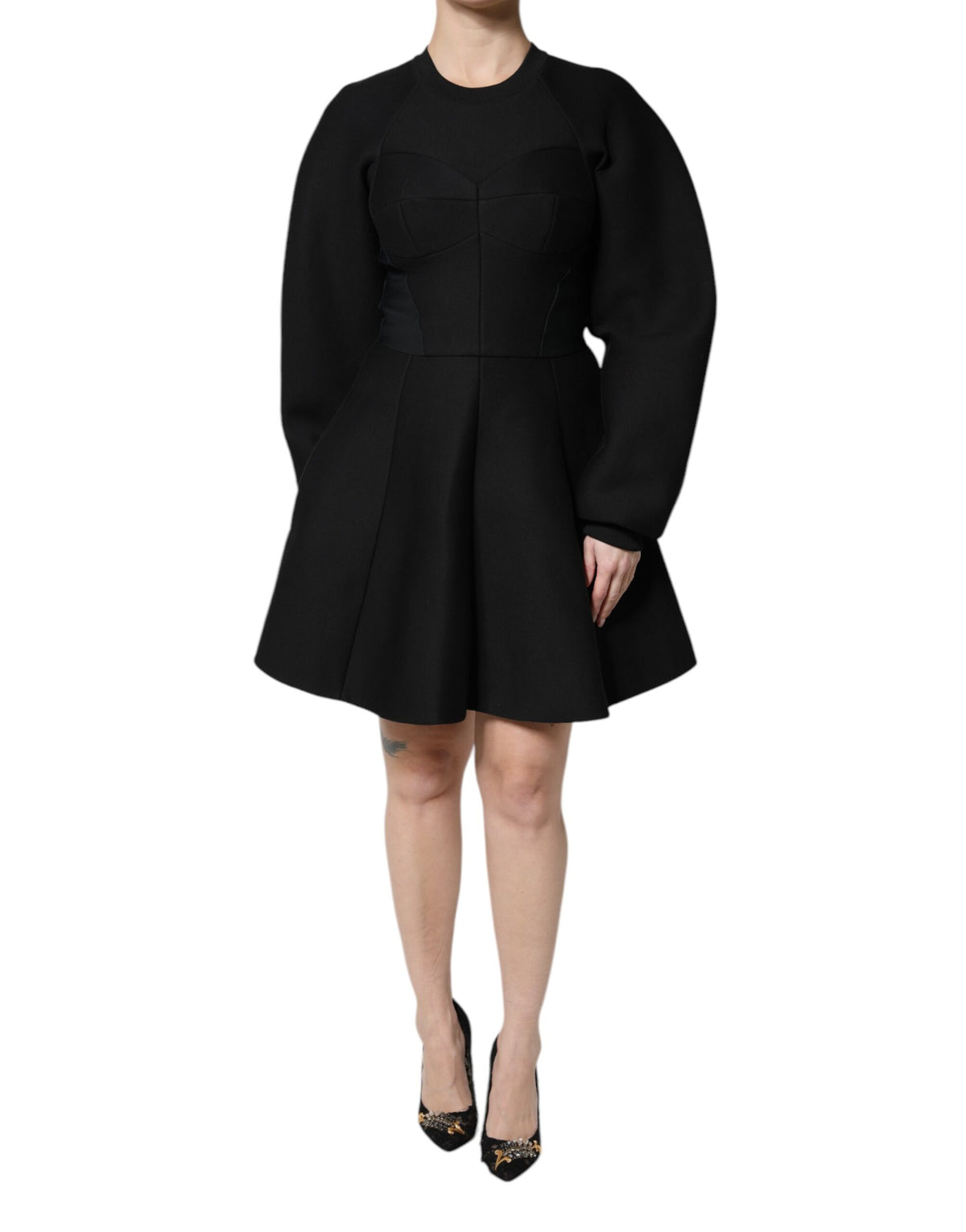 Dolce &amp; Gabbana – Schwarzes, langärmliges Minikleid in A-Linie aus Baumwolle
