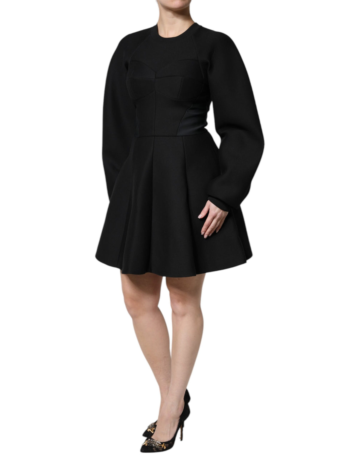 Dolce &amp; Gabbana – Schwarzes, langärmliges Minikleid in A-Linie aus Baumwolle