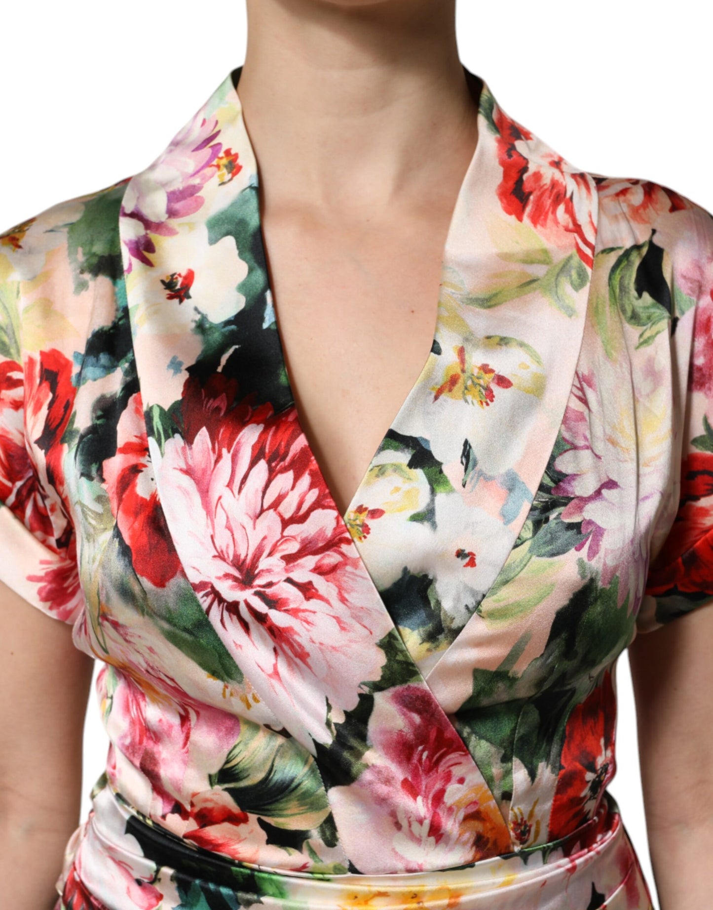 Dolce &amp; Gabbana – Mehrfarbiges, geblümtes Etui-Midikleid mit kurzen Ärmeln