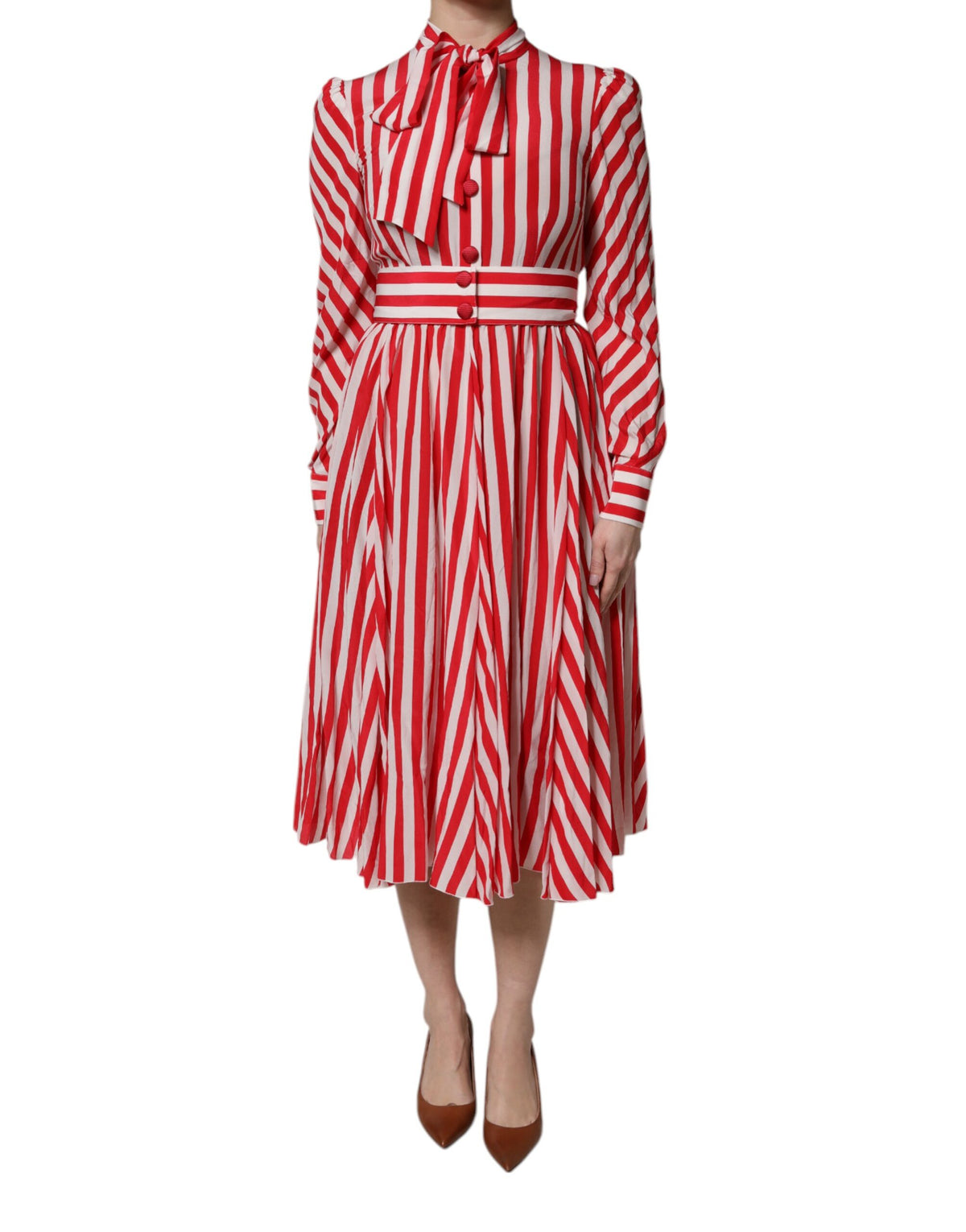 Dolce &amp; Gabbana – Langärmliges Midikleid mit weißen und roten Streifen