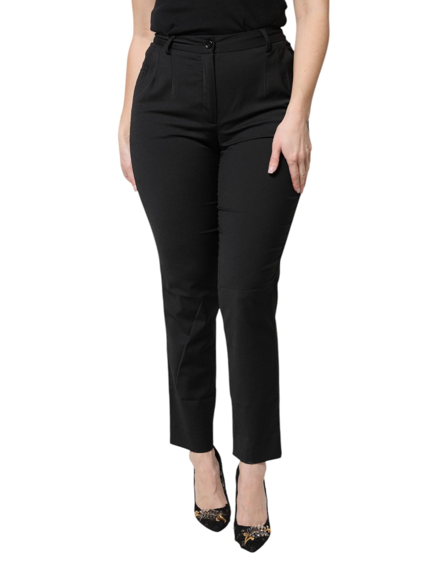 Dolce &amp; Gabbana Schwarze, schmale Hose aus Polyester mit hoher Taille