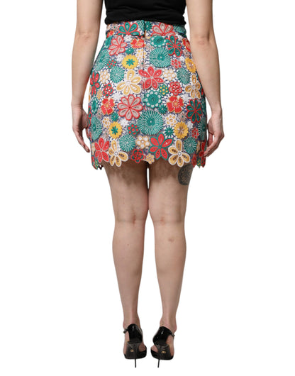 Dolce &amp; Gabbana, mehrfarbiger Minirock mit Blumenspitze und hoher Taille