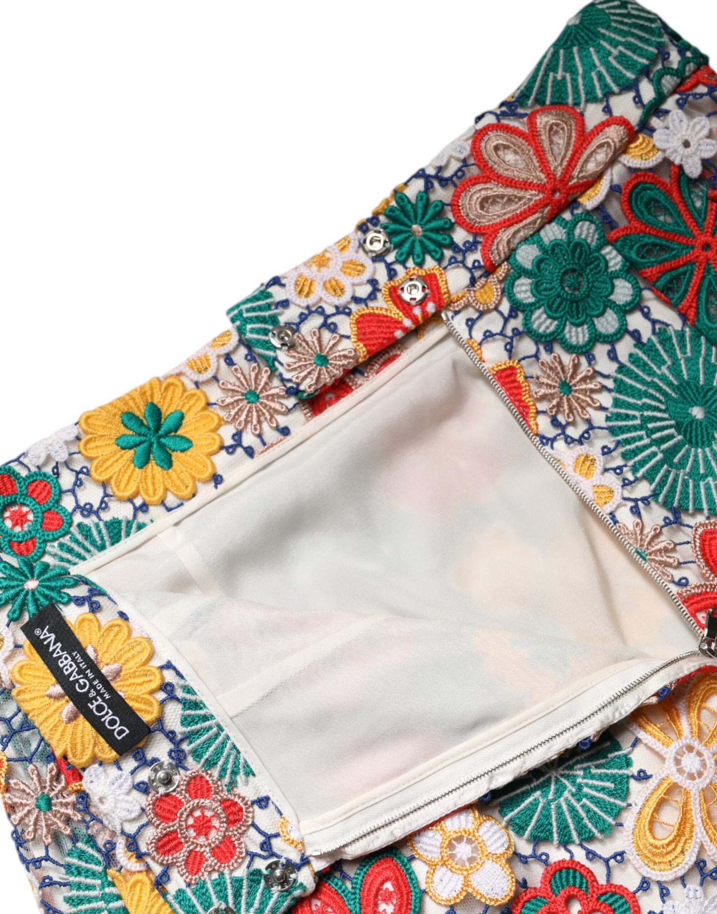 Dolce &amp; Gabbana, mehrfarbiger Minirock mit Blumenspitze und hoher Taille