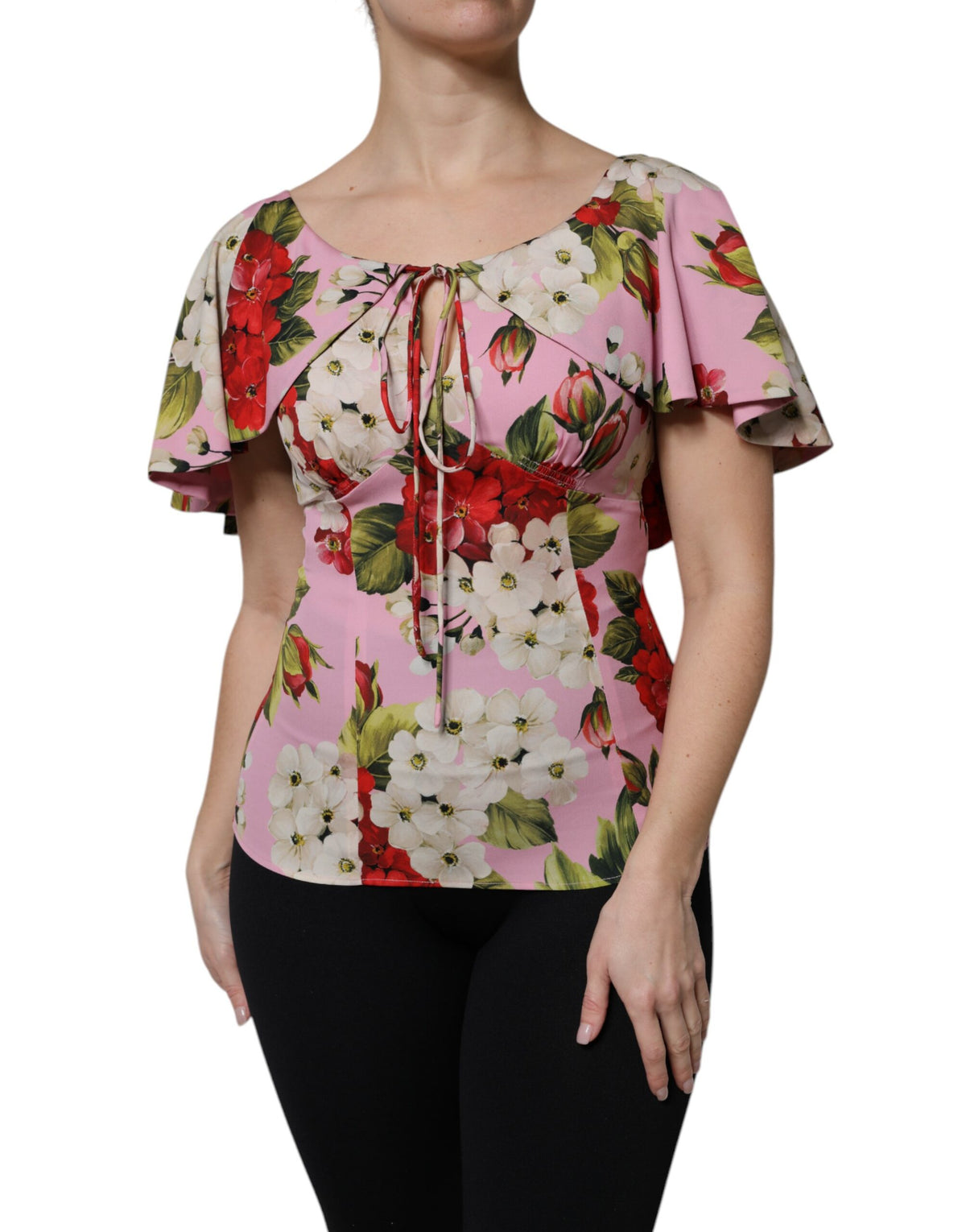 Dolce &amp; Gabbana – Kurzärmliges Blusenoberteil aus Seide mit Blumenmuster in Rosa