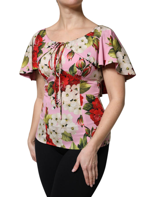 Dolce &amp; Gabbana – Kurzärmliges Blusenoberteil aus Seide mit Blumenmuster in Rosa