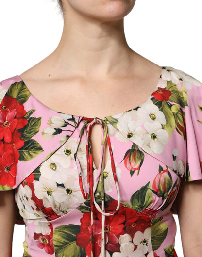 Dolce &amp; Gabbana – Kurzärmliges Blusenoberteil aus Seide mit Blumenmuster in Rosa