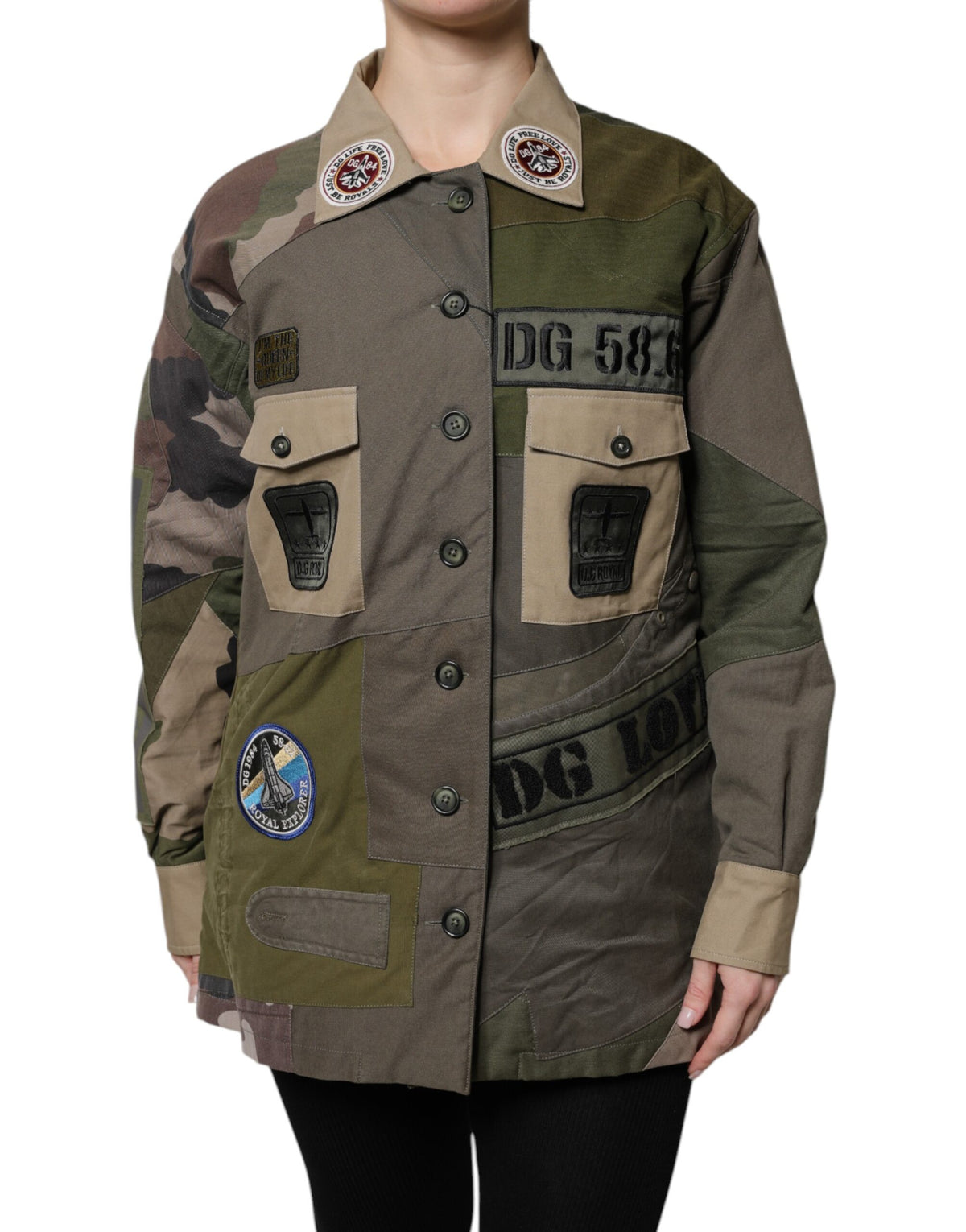 Dolce &amp; Gabbana Militärgrüne Baumwoll-Down-Jacke mit Knöpfen