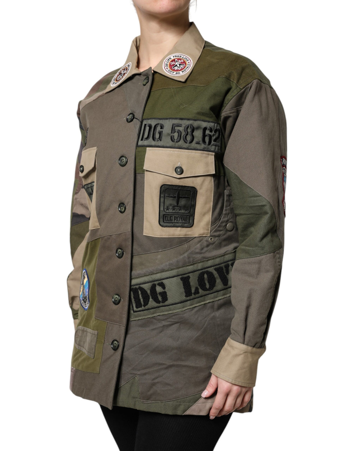 Dolce &amp; Gabbana Militärgrüne Baumwoll-Down-Jacke mit Knöpfen