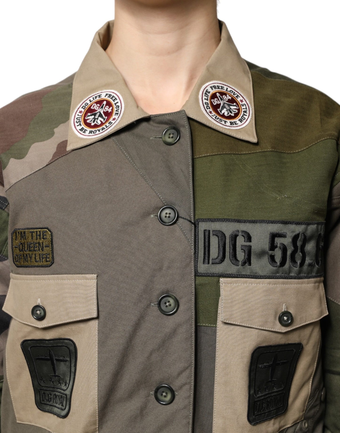 Dolce &amp; Gabbana Militärgrüne Baumwoll-Down-Jacke mit Knöpfen