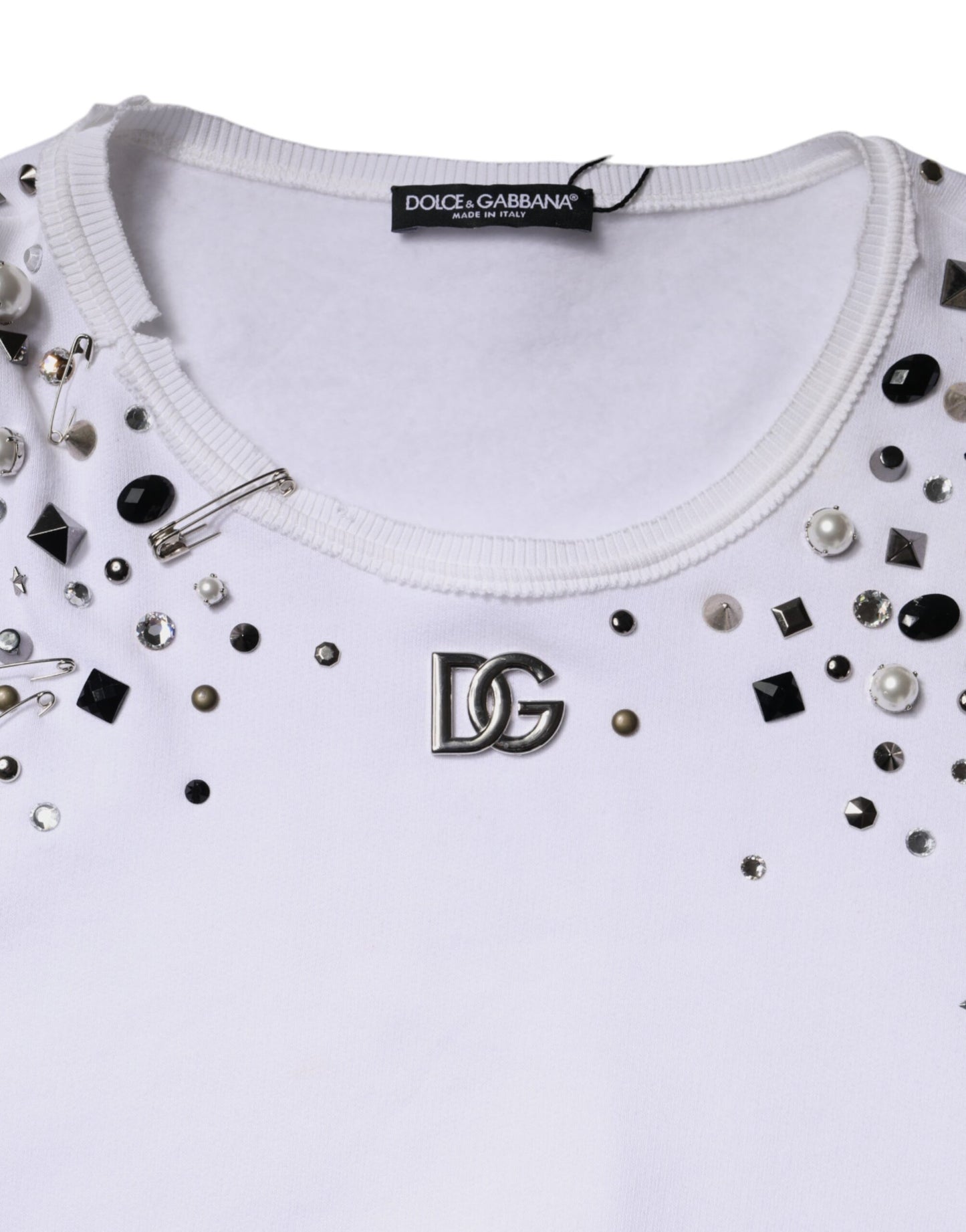 Dolce &amp; Gabbana – Weißer, verzierter, kurzärmliger Pullover