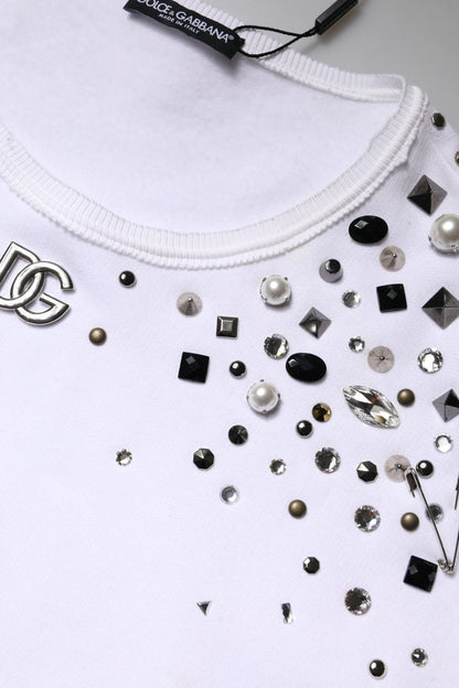 Dolce &amp; Gabbana – Weißer, verzierter, kurzärmliger Pullover