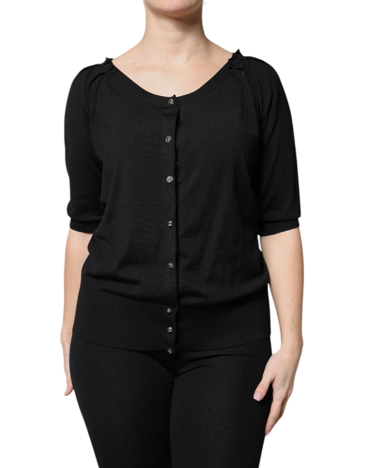 Dolce &amp; Gabbana – Schwarzes, kurzärmliges Blusenoberteil mit Knopfleiste