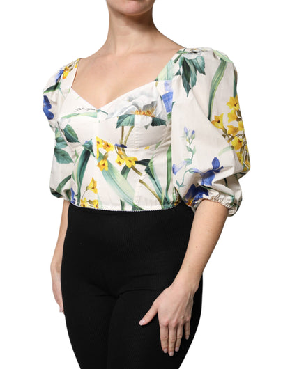 Dolce &amp; Gabbana – Kurze Bluse mit Puffärmeln und Blumenmuster in Weiß