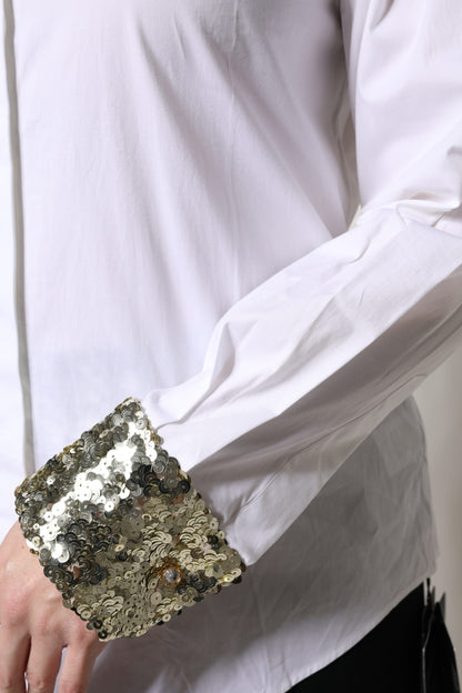 Dolce &amp; Gabbana – Weißes, langärmliges Hemd aus Baumwolle mit Pailletten