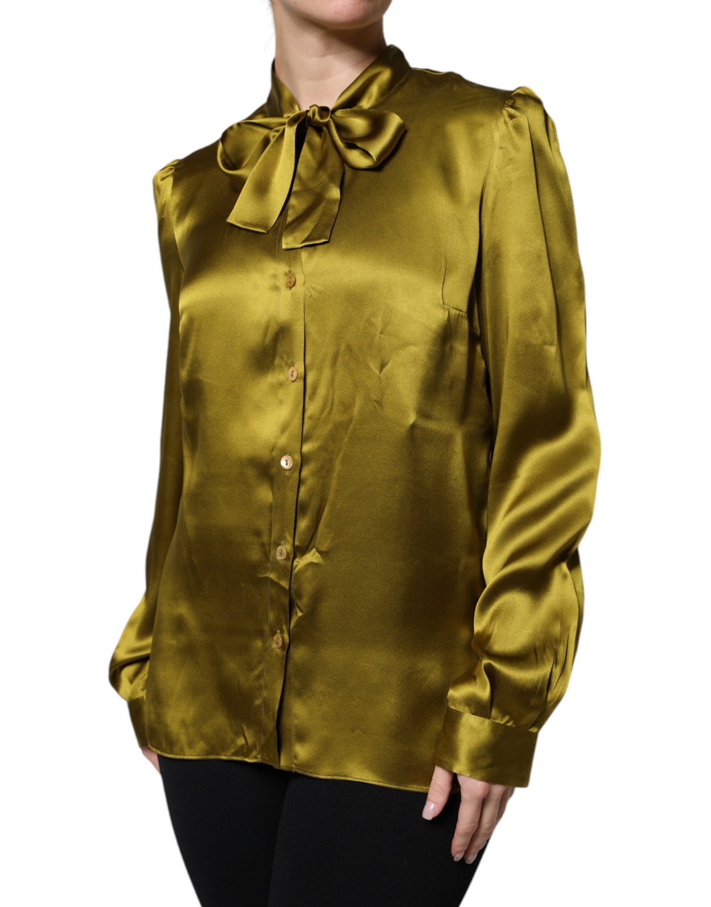 Dolce &amp; Gabbana, olivgrünes Blusentop mit Ascot-Kragen und langen Ärmeln