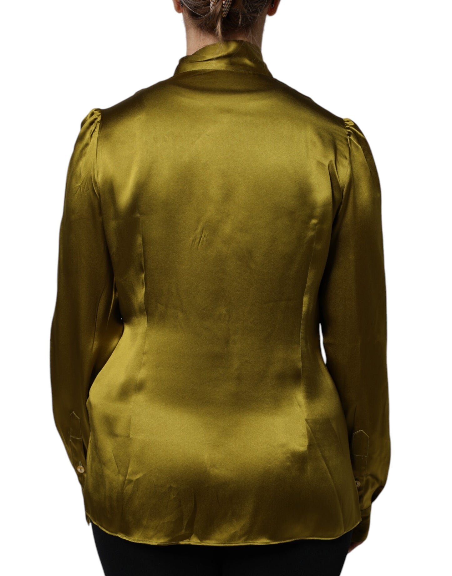 Dolce &amp; Gabbana, olivgrünes Blusentop mit Ascot-Kragen und langen Ärmeln