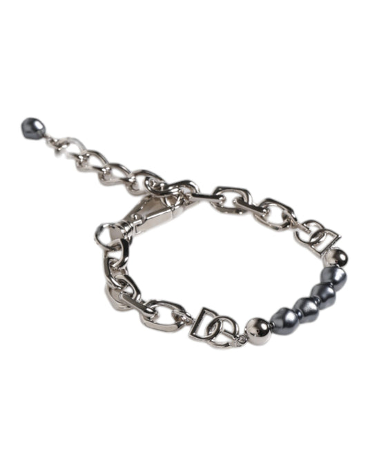 Dolce &amp; Gabbana Silberfarbenes Kettenarmband mit Karabinerverschluss und grauen Perlen