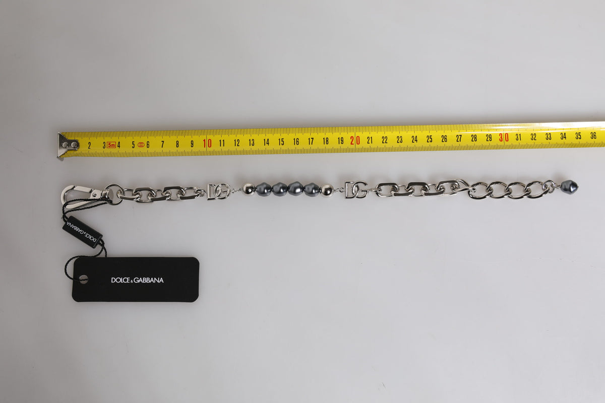 Dolce &amp; Gabbana Silberfarbenes Kettenarmband mit Karabinerverschluss und grauen Perlen