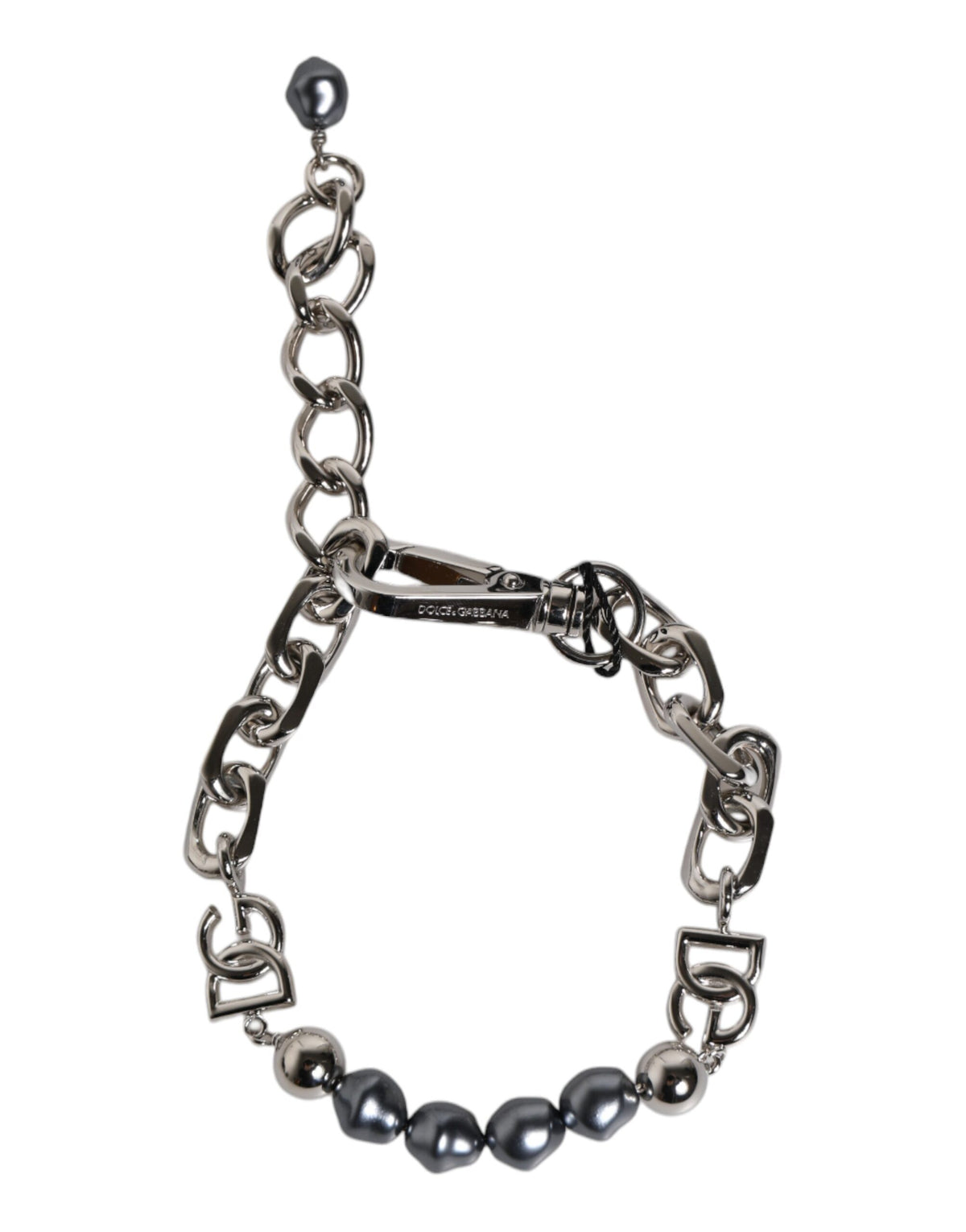 Dolce &amp; Gabbana Silberfarbenes Kettenarmband mit Karabinerverschluss und grauen Perlen