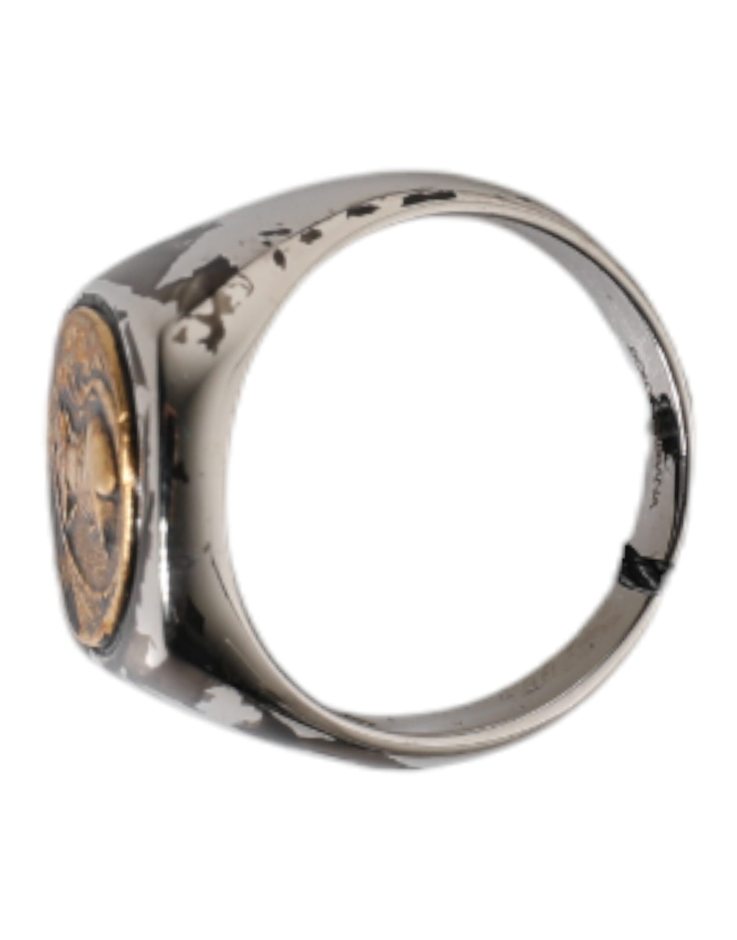 Dolce &amp; Gabbana Silberfarbener, gravierter zweifarbiger Ring aus echtem Messing