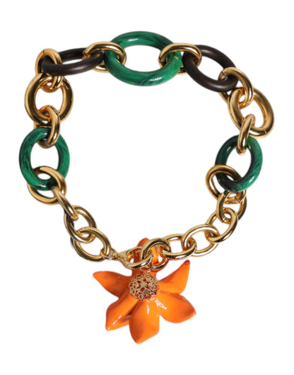 Dolce &amp; Gabbana – Mehrfarbige Halskette mit orangefarbener Lilien-Blumenkette aus goldfarbenem Messing