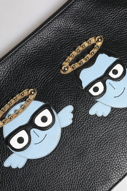 Dolce &amp; Gabbana Schwarzes Leder #DGFAMILY Verzierte Herren-Tasche mit Reißverschluss