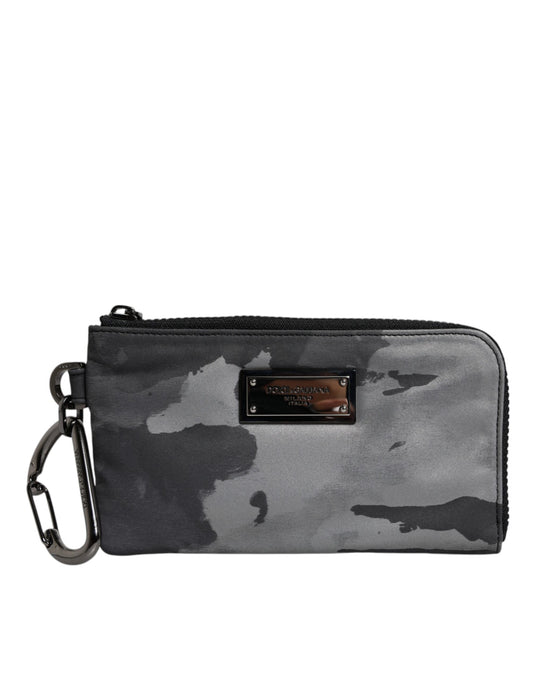 Dolce & Gabbana – Schwarz-graue Camouflage-Tasche mit Logo-Plakette und Schlüsselring