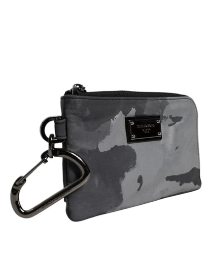 Dolce &amp; Gabbana – Schwarz-graue Camouflage-Tasche mit Logo-Plakette und Schlüsselring