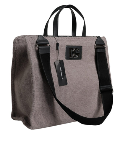 Dolce & Gabbana Grey Alpaca Wool Logo Plaque Tote Shoulder Bag