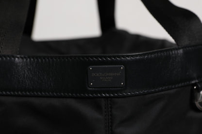 Dolce &amp; Gabbana – Schultertasche aus schwarzem Nylon mit weißem ikonischem Logo