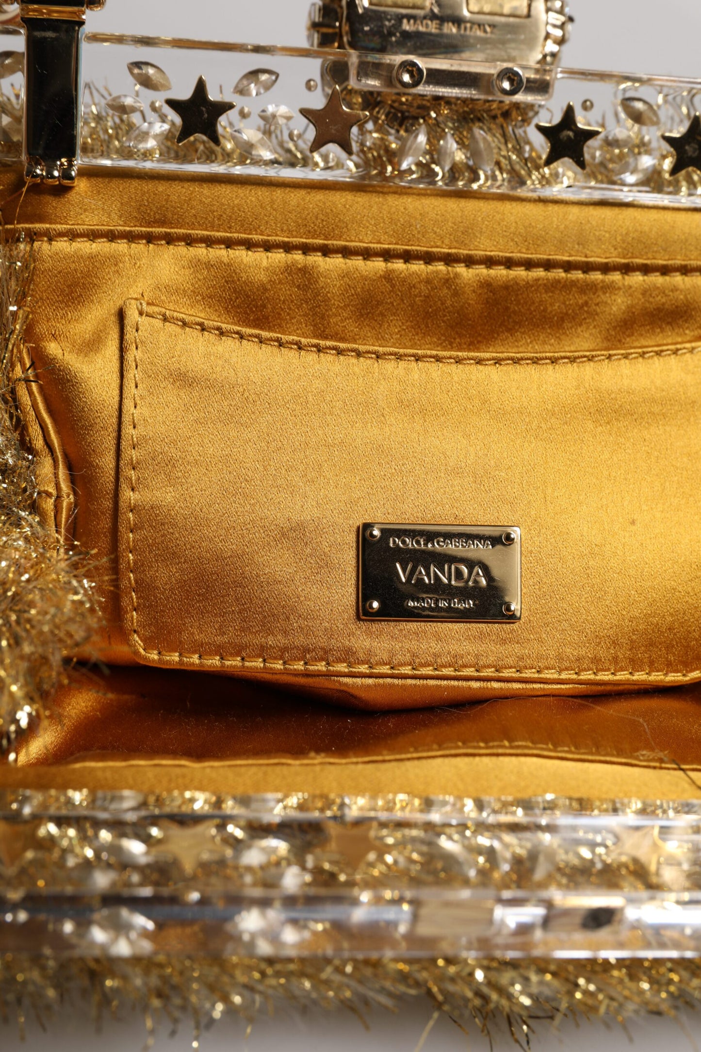 Dolce &amp; Gabbana – Abend-Clutch „Vanda“ mit Kettenriemen und Lametta-Kristallen in Gold